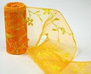 Organza stuha 10cm/9m  - oranžovožlutá vzor s rostlinami