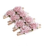 Kolíčky dřevěné s papírovou růžičkou - 8 ks - růžové