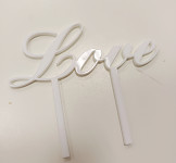Dortový zápich akrylový bílý - love 8 cm