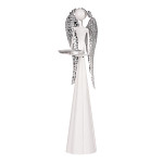 Anděl plechový bílo-stříbrný - svícen - 30 cm