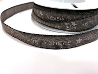 Stuha látková - Veselé Vánoce - hnědá - 15 mm/1 m