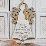 Anděl dřevěný závěs se zvonečkem - pro maminku - 17 cm
