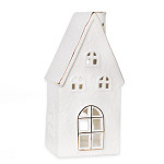 Domeček svícen porcelán bílo-zlatý - 18 cm