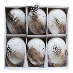 Vajíčka PVC kropenatá bílá s peříčky 6 cm - 6 ks Vajíčka PVC kropenatá bílá s peříčky 6 cm - 6 ks