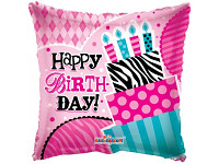 Foliový balonek polštář - růžový s dortem happy birthday - 46 cm