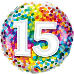 Foliový balonek 46 cm barevné puntíky - 15. narozeniny 