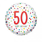 Foliový balonek 43 cm -  barevné puntíky happy birthday - 50. narozeniny