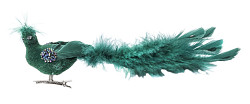 Ptáček s peřím na klipu - smaragdový - 21 cm