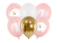 Balonky 30 cm sada 1.narozeniny - růžové 6 ks 