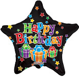 Foliový balonek hvězda - černý happy birthday - 46 cm  