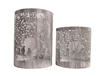 Svícen kovový s ornamenty a ptáčky bílo - šedý - 14 x 10 cm