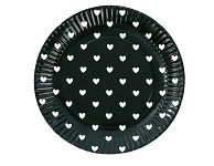Papírové talíře 23 cm - černé s bílými srdíčky - 8 ks 