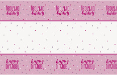 Plastový party ubrus - Happy birthday - růžovo - bílý